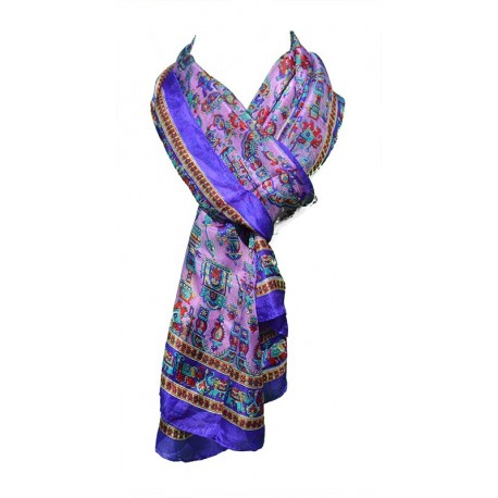 Foulard Femme Classique 100% soie - Violet avec motifs indiens